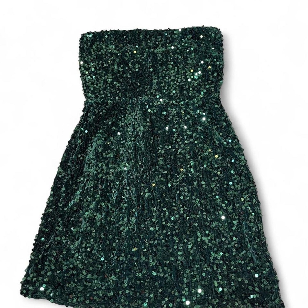 Green sequin strapless mini dress with corset back